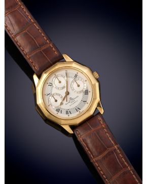 925-“BAUME&MERCIER” RIVERA COMPLICATIONS. RELOJ DE PULSERA PARA CABALLERO CON CAJA OCTOGONAL EN ORO AMARILLO 18K. CON AS