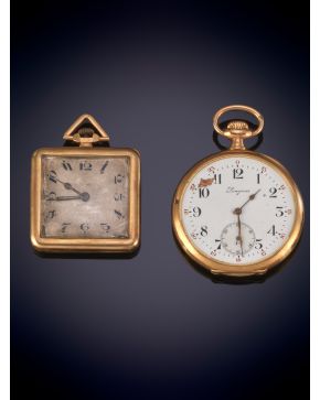 787-LOTE DE DOS RELOJES DE BOLSILLO LONGINES"" LEPINE. CAJA EN ORO AMARILLO DE 18K, FIRMADA Y Nº 3899469, AL IGUAL QUE LA MAQUINARI