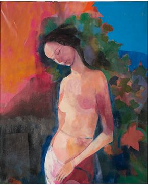 2000-MIGUEL IBARZ (Mequinenza, Zaragoza 1920 - Barcelona, 1987) Nu al Jardí. 1983 Óleo sobre lienzo Firmad