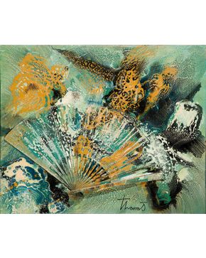 2005-JOAN JOSEP THARRATS (Gerona 1918-Barcelona 2001) Abstracción azul con abanico Acrílico y abanico sobre l
