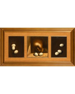 2009-JAIME DE JARAÍZ (Jaraíz de la Vera, Cáceres 1934-Madrid 2007) Bodegón con huevos y niña Óleo sobre lienzo (