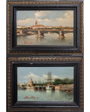 508-A. CAVALLO, S. XIX-XX "Pareja de vistas de Sevilla" Óleo sobre tabla. Medidas: 17 x 27,5 cm cada una. Fi