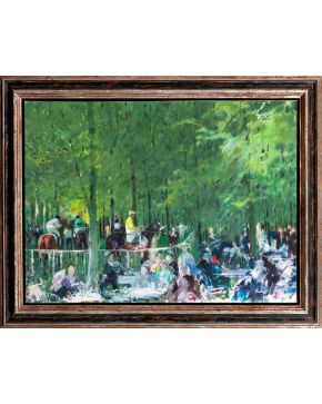 12-RICARDO ARENYS (Barcelona 1914-1977) Newmarket. 1972 Óleo sobre lienzo Firmado Al dorso titulado Newma