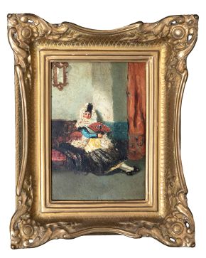 2028-ESCUELA ESPAÑOLA, S. XX ""Majas con abanicos""ESCUELA ESPAÑOLA, S. XX Majas con abanicos"" Óleo sobre lienzo. Medida