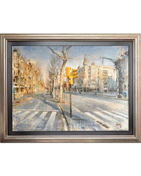 2026-LANOZ (ESCUELA VASCA S. XX) Perspectiva de la Ría de Bilbao"" Oleo sobre lienzo Firmado Al dorso titulado ""Perspec