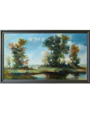 2035-EMILY, S. XX “Paseo al embarcadero” Óleo sobre lienzo. Medidas: 90 x 155 cm. Firmado en la zona inferior: “Emily”