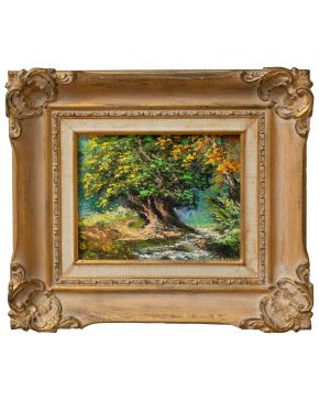 2029-ESCUELA ESPAÑOLA, S. XX Árbol frondoso"" Óleo sobre lienzo. Medidas: 17 x 24 cm.""