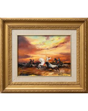 2032-ALFREDO PALMERO, MAESTRO PALMERO (Almodóvar del Campo, 1901-Madrid, 1991) “Toros de Almadacen” Óleo sobre lienzo. Me