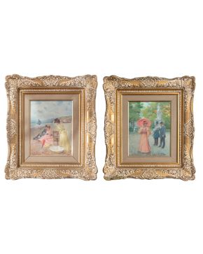 2027-JUAN SOLER (1951) “Parque de París” y “Escena de mar” Óleo sobre lienzo. Medidas: 35 x 25 cm cada una. Firmadas: 
