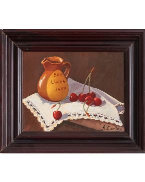 2031-ANDRÉS CORTÉS (1810-1879) “Bodegón con jarra y cerezas” Óleo sobre lienzo. Medidas: 19 x 22 cm. Firmado: “A. Cort