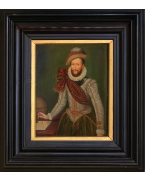 520-ESCUELA FLAMENCA. SS. XVI-XVII Retrato de cartógrafo"" Óleo sobre tabla. Medidas: 32 x 43,5 cm.""