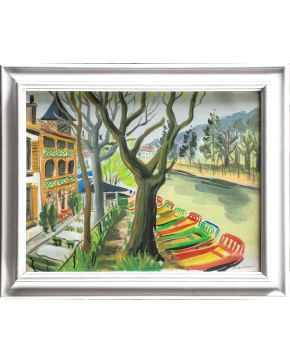 8-ESCUELA S.XX Paisaje con río y barcas"" Gouache sobre papel Firmado ""Rivillant"" Medidas: 40 x 61,3 cm.""