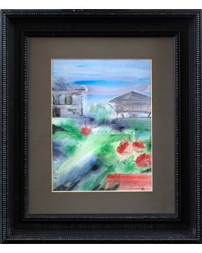 6-ANTONIO SUÁREZ (Gijón 1923-Madrid 2013) Hórreos asturianos. 198 Óleo sobre papel Firmado y fechado 1.986 Medidas: 32