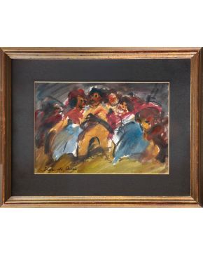 10-ROBERTO DÍAZ DE OROSIA (Gijón 1948) Carnaval asturiano"" Acuarela sobre papel Firmado Medidas: 21 x 31 cm.""