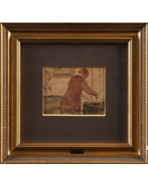 7-NICANOR PIÑOLE (Gijón 1878-1978) La cocinera"" Acuarela sobre papel Firmado Medidas: 14 x 18,5 cm.""