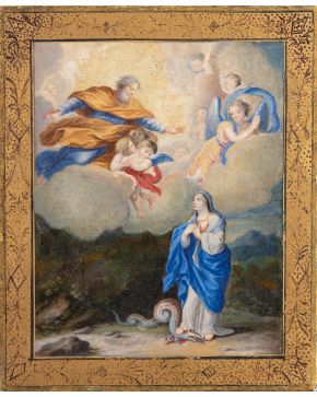 518-FRANCISCO ANTONIO MELÉNDEZ (Oviedo, 1682-Madrid, 1758) Alegoría de la Inmaculada Concepción"" Temple sobre pergamino, 