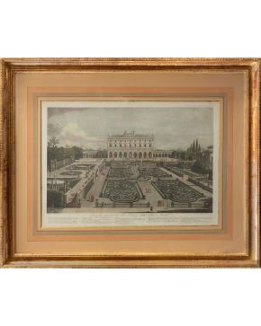 508-GIOVANNI VOLPATO (1735-1803) según FRANCESCO PANINI (1745-1812) Villa y jardines Albani en Roma 1773-1780 Buril color