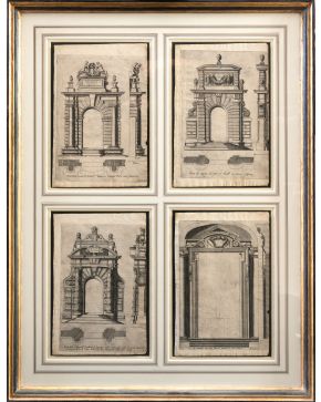 500-JACOPO BAROZZI DA VIGNOLA (1507-1573) Regola delli cinque ordini d'architettura (1562) Cuatro puertas enmarcadas. Bur