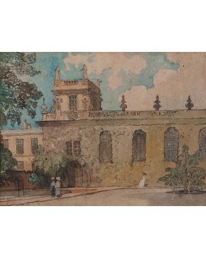 2004-ESCUELA ESPAÑOLA, S.XX El paseo matinal Acuarela y lápiz sobre cartón. Medidas: 21 x 27,5 cms"